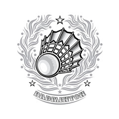 Shuttlecock in center of silver laurel wreath on light background. Sport logo for any badminton team or championship