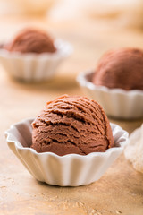 Chocolate ice cream scoop in white bowl with mint leaves on sand color stone background. Summer food concept with copy space.