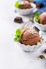 Chocolate ice cream scoop in white bowl with chopped white chocolate and mint decoration. Summer food concept with copy space.