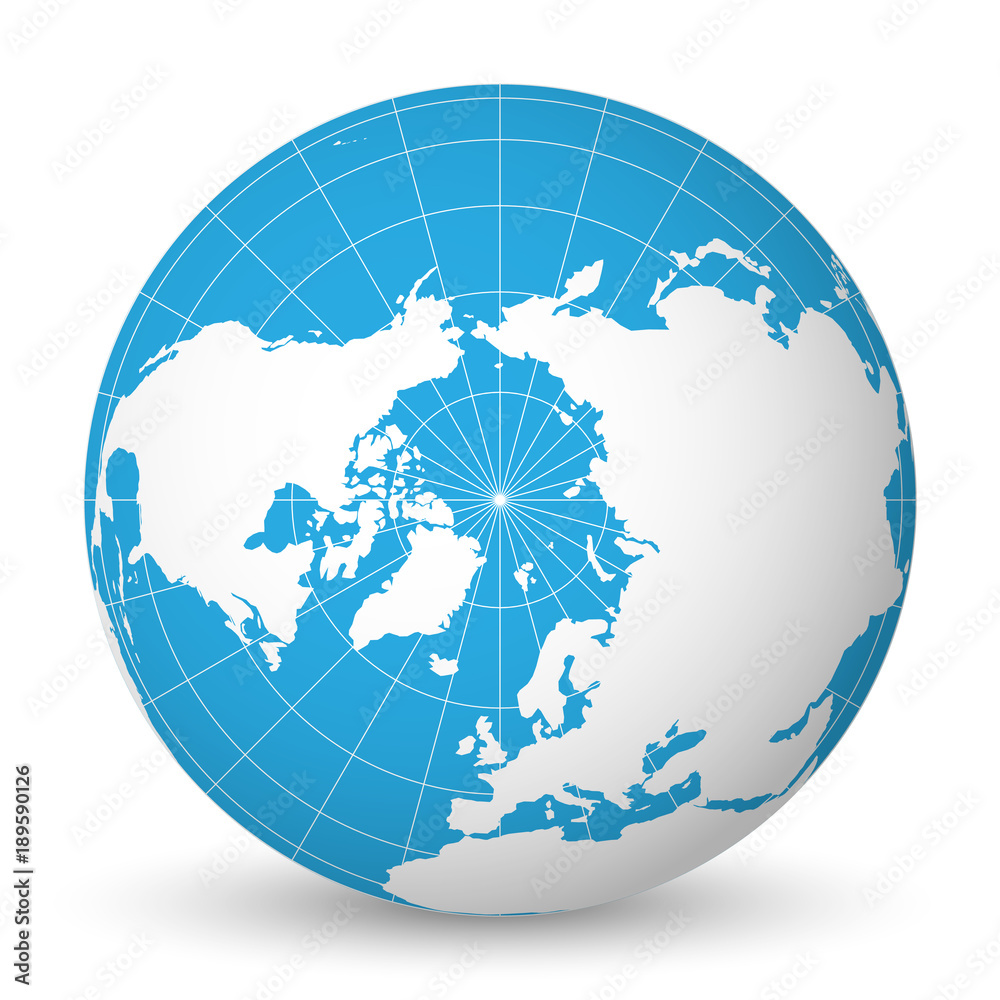 Wall mural earth globe with green world map and blue seas and oceans focused on arctic ocean and north pole. wi