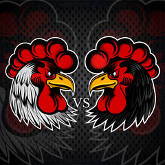 White and black cock head oposite. Logo for any sport team or cock-fights rooster on blackboard