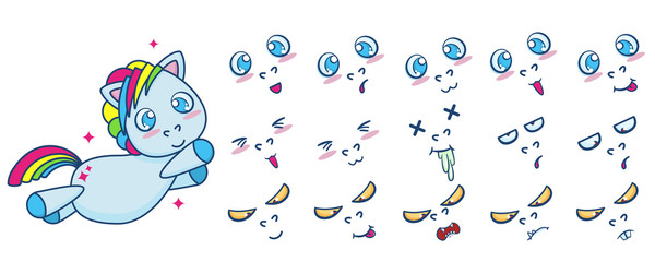 Vector set of flying little pony with different face emotions. Cute cartoon illustration