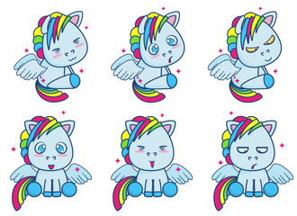 Cute blue little pony with wings vector illustration set of different emotions. More emotions see in my similar image