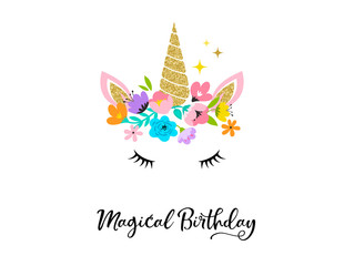 Unicorn head with flowers - card and shirt design