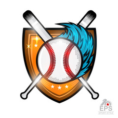 Baseball ball with blue speed trail in center of shield. Sport logo isolated on white for any team or competition
