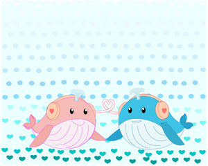 Cute couple blue and pink whale lover listening music wear headphone and underwater background.