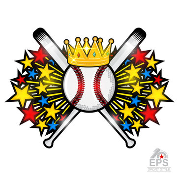 Colored stars fly out from baseball ball. Sport logo isolated on white for any team or competition