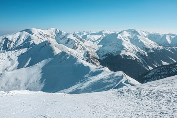 Fototapeta premium Nice mountains view at sunny day with blue sky with sun light at
