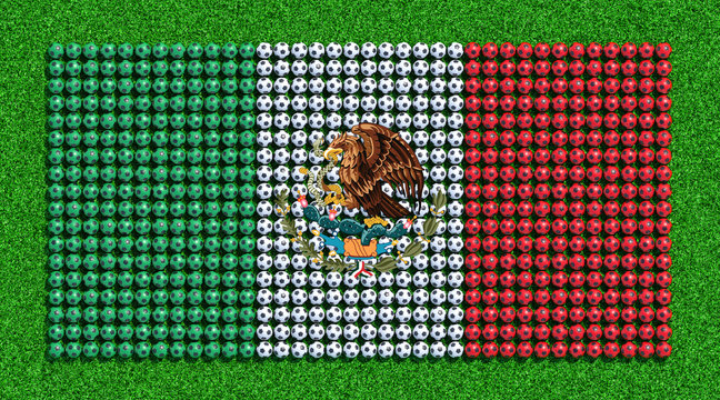 Flag of Mexico from soccer balls on grass field. 3D render.