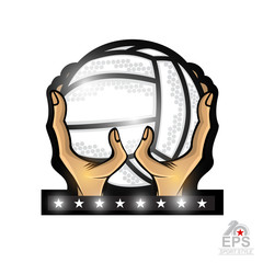Two hand hold volleyball ball. Vector sport logo isolated on white for any team or competition