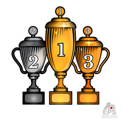 Fototapeta premium Three cups first gold, second silver and third place bronze. Vector sport logo isolated on white for any team or competition