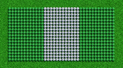 Flag of Nigeria from soccer balls on grass field. 3D render.
