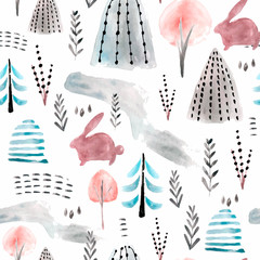 Seamless watercolor woodland pattern. Creative childish texture Perfect for fabric,textile