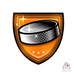 Hockey puck in center of shield. Vector sport logo isolated on white for any team or competition