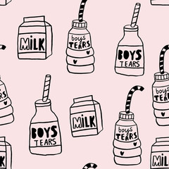Seamless pattern with hand drawn milk bottle. Creative vector childish pink background for fabric, textile,kids apparel, nursery, decoration