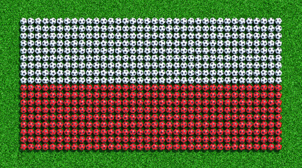 Flag of Poland from soccer balls on grass field. 3D render.