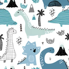 Tapeten Kindisches nahtloses Muster mit handgezeichnetem Dino im skandinavischen Stil. Kreativer Vektor kindischer Hintergrund für Stoff, Textil © solodkayamari