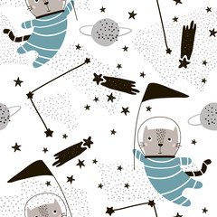 Naadloos kinderachtig patroon met schattige katten astronauten. Creatieve kinderkamer achtergrond. Perfect voor kinderontwerp, stof, verpakking, behang, textiel, kleding