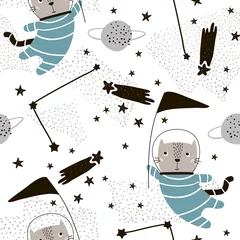 Wallpaper murals Cats Seamless childish pattern with cute cats astronauts. Creative nursery background. Perfect for kids design, fabric, wrapping, wallpaper, textile, apparel