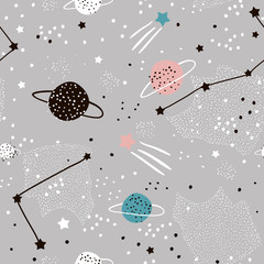 Motif harmonieux d& 39 étoiles, de constellations, de planètes et d& 39 éléments dessinés à la main. Texture enfantine. Idéal pour le tissu, textile Vector Illustration