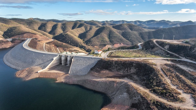 Aerial. Dam and sluices of the reservoir Odelouca.