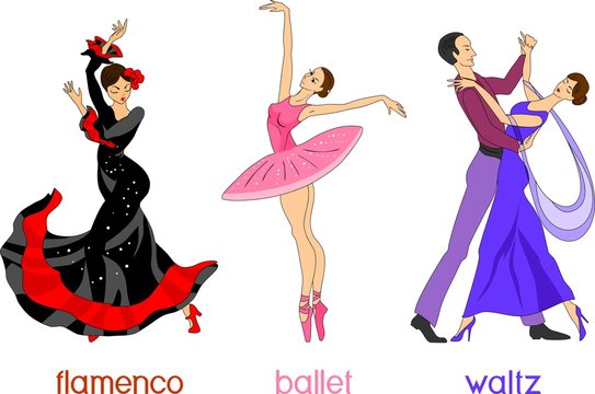 Three different dance styles in cartoon style