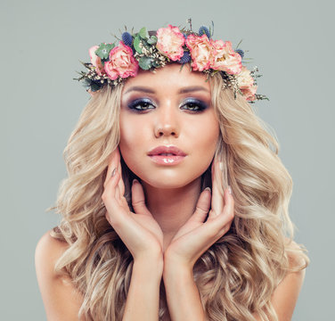 Cute Blonde Woman with Long Blonde Hair and Makeup, Fashion Portrait