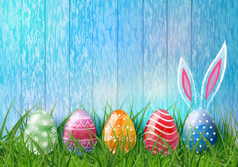Happy Easter. A congratulatory easter background with multi-colored eggs. A background with copy space.