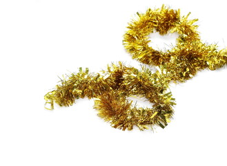 Golden, yellow tinsel, Christmas ornament, decoration, isolated on white background