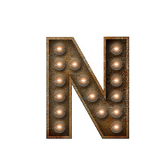 Rusted metal letter N light bulb font. 3D Rendering