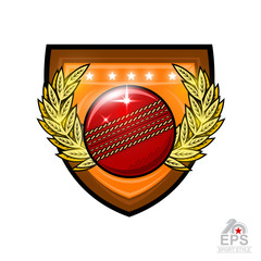 Cricket ball in center of golden wreath on the shield. Sport logo for any team or championship isolated on white