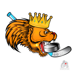Gold crown on side view predator head with hockey puck in his mouth. Logo for any sport team cougar isolated on white
