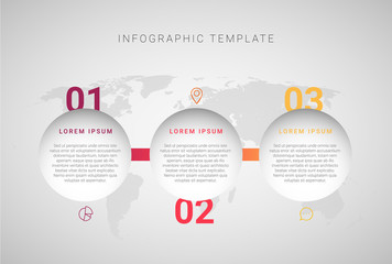 Vector modern infographic template with three steps and world map in the background