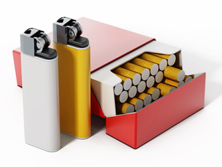 Cigarette box and lighters isolated on white background. 3D illustration