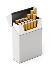 Cigarette box and cigarettes isolated on white background. 3D illustration