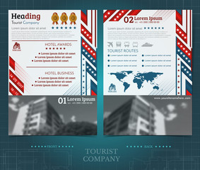 Two sided brochure or flayer template with blurred black white photo of building. Mock-up cover in red and blue abstract vector modern style