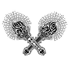 Crossed torches in engraving line style isolated on white with lettering