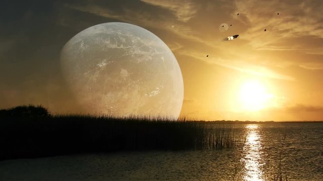 4k Fantasy or Sci-fi futuristic landscape.  Low setting sun with wonderful reflection and large planet with moons in sky with sci-fi ship rising and igniting it's thrusters to take off.
