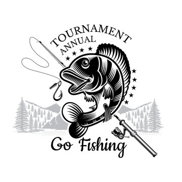  Perch Fish Bend With Fishing Rod And Landscape Backside In Engrving Style. Logo For Fishing, Championship And Sport Club On White