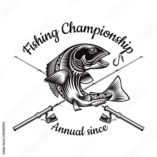 Download "Salmon fish bend silhouette with crossed fishing rod in engrving style. Logo for fishing ...