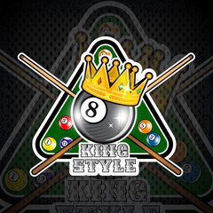Billiard ball with crown and pyramyd gren table with crossed cues. Sport logo for any team or championship