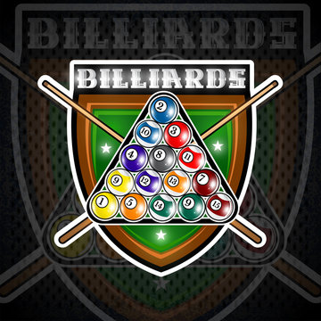 Pyramid of billiard balls with crossed cues in center of green shield. Sport logo for any team or championship