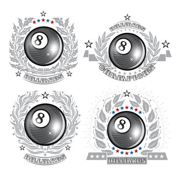 Set of black billiard ball in center of silver wreathes. Sport logo for any curling game or championship