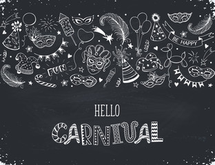 Horisontal carnival vector composition on chalkboard. Hand drawn carnival objects. Masqeurade design elements collection in line art style. Doodle masquerade masks, feathers, firecrackers. © ollymolly