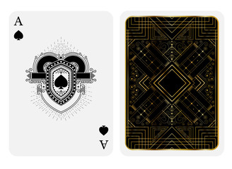 Ace of spades in line style shield face and back with golden art deco gatsby pattern style on black suit. Vector card template