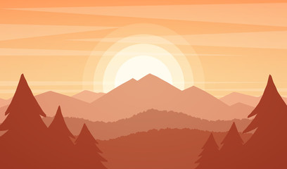 Vector illustration: Mountains landscape with sunset,  pines and hills.