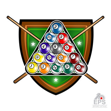 Pyramid of billiard balls with crossed cues in center of green shield. Sport logo for any team or championship on white