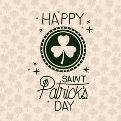 poster happy saint patricks day with clover emblem in green color silhouette with background pattern of clovers vector illustration