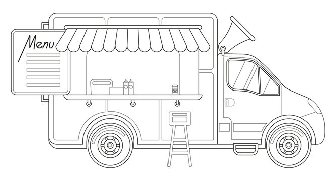 Black and white delivery truck side view menu coffee chair poster.