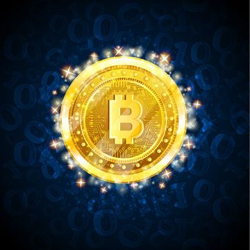 Golden bit coin in the center of blue background with binary code